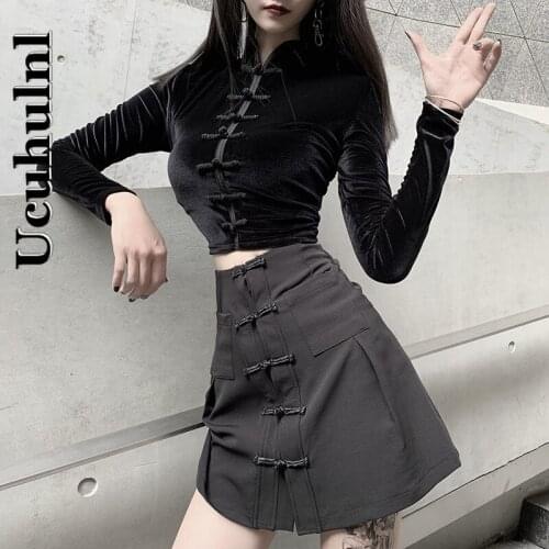 Ucuhulnl Retro National Style Cheongsam Disc Buckle Stretch Long-sleeved Short Top Woman Punk Hardcore Street Tide