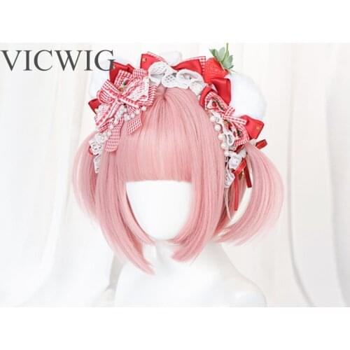 VICWIG Short Straight Synthetic Hair Lolita Style Bob Hairstyle Pink Cosplay Wig with Bangs for Women
