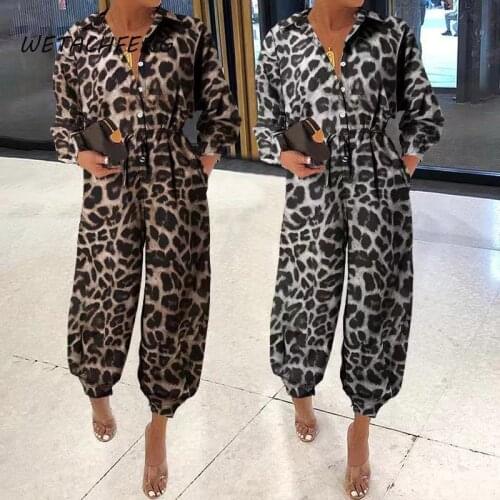 Plus Size Leopard Print Jumpsuit Long Sleeve Summer Casual Pocket Buttons Overalls For Women 2021 Elegant One Piece Club Outfits