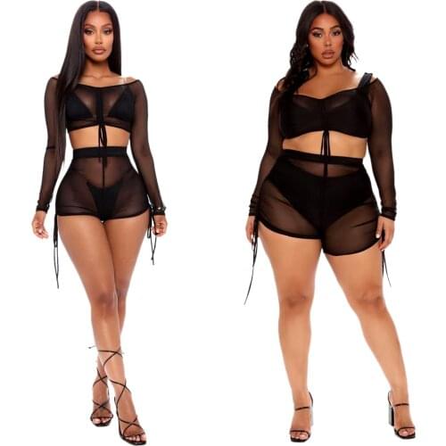 S-XXL Womens 2 Piece Cover Up See Through Swimsuit Sheer Mesh Crop Top and Shorts Outfit Sets