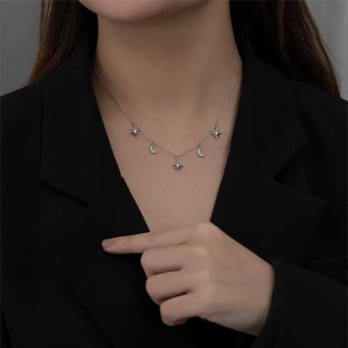 Lispector 925 Sterling Silver Shiny Zircon Star Moon Pendant Necklace for Women Elegant Prom Choker Necklaces Female Jewelry