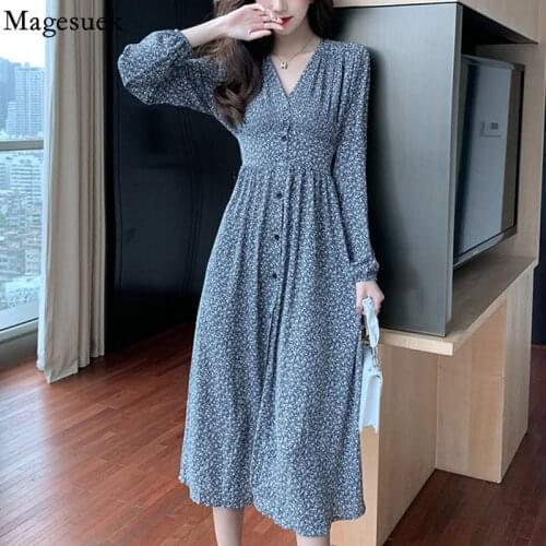 V-neck Floral Chiffon Dress Women New Elegant Long Sleeve Womens Clothing 2021 Autumn Vintage Long Dresses Feminine Dress 13193