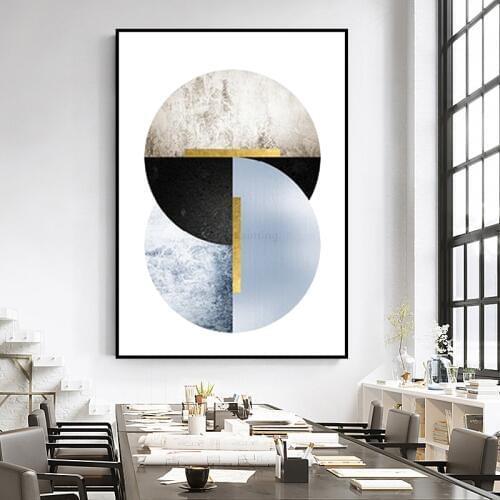 Gold Blue Round Acrylic Abstract Canvas Oil Painting Geometri HandPainted Wall Art Picture for Living Room Home Decor Decoracion