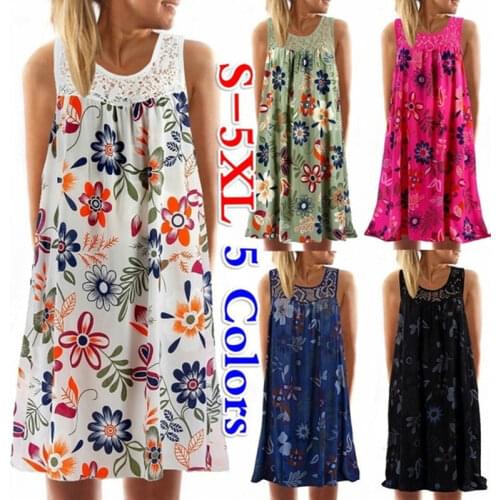 2021 Women Summer Dress Boho Style Floral Print Beach Dress Tunic Sundress Loose Mini Party Dress Vestidos