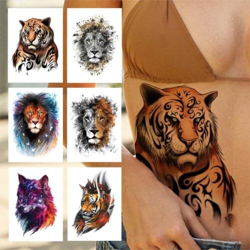 3D Tiger Lion Temporary Tattoo For Women Men Kids Boys Fake Wetercolour Wolf Tattoos Sticker Animal Body Wasit Tatoos Hot Sale