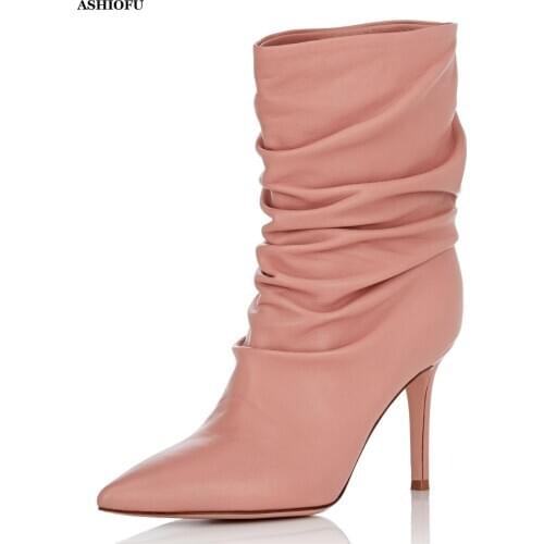 ASHIOFU 2020 Handmade New Womens High Heel Boots Pleated Leather Party Prom Ankle Boots Sexy Evening Fashion Short Boots Shoes