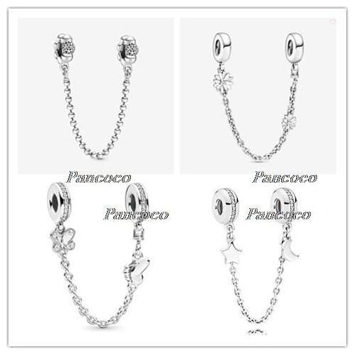925 Sterling Silver Bead Charm Two Decorative Butterflies Safety Chain Beads Fit Pandora Bracelet & Necklace Jewelry