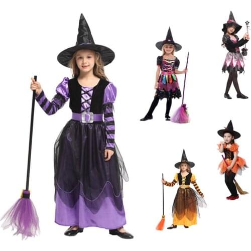 Kids Small Witch Costume Halloween Girl Party Clothes Yellow Purple Witch Cosplay Dress Pointed Hat Anime Role-Playing Games