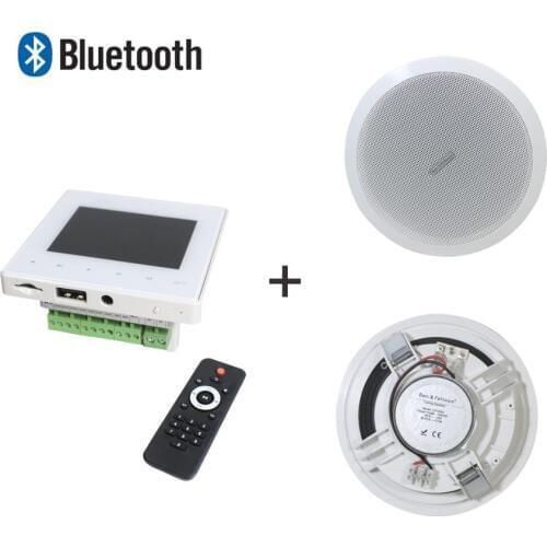 Home audio system Mini wall amplifier with Wireless Remote Control and 2 full range ceiling speakers, Supports USB/SD/AUX/FM/BT