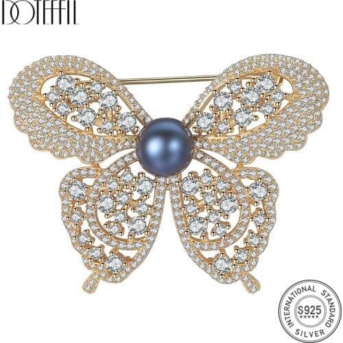 DOTEFFIL 925 Sterling Silver AAA Zircon Pearl Butterfly Gold Brooch For Woman Fashion Wedding Engagement Party Charm Jewelry