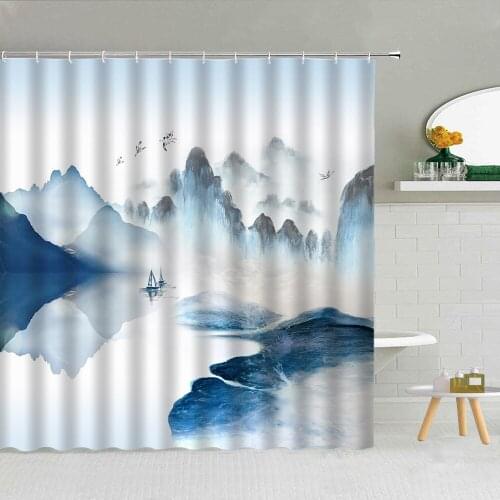 Chinese Traditional Landscape Ink Painting Shower Curtain Forest Mountain Scenery Bathroom Decor Bath Waterproof Hooks Curtains