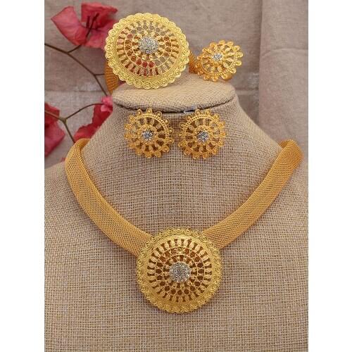 Dubai Gold Color Jewelry set For Women Nigeria African Necklace Bracelet Earrings Ring set wedding Zircon Party Gifts ornament