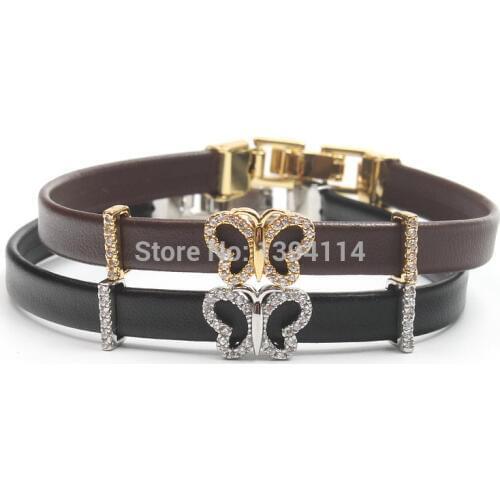 Micro Pave Clear CZ Butterfly Adorn Article Stringed 8*1mm Leather Cord Fold Over Clasp Bracelet Jewelry Approx 8 Inch
