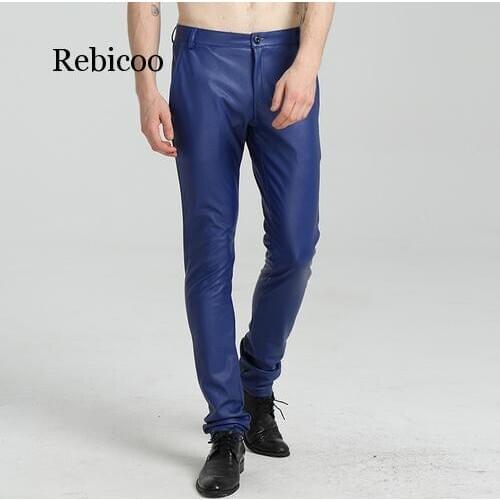 Mens Faux Leather Pants PU Material Black Slim Skinny Pants Fitness Motorcycle Leather Nigthclub Trousers For Male