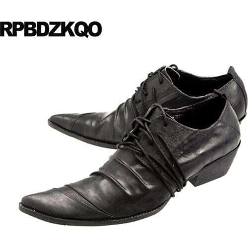 Designer Shoes Men Luxury 2018 Runway High Heel Brand Black Pointed Toe Custom Genuine Leather Oxfords Quality New Big Size 46