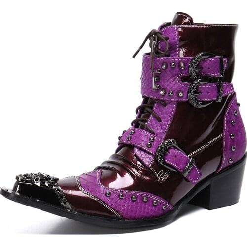 Winter Casual New Mens Classic Fashion Shoes Personality Metal Rivet Pointed Toe Cowhide Leather Color Matching Mens Boots