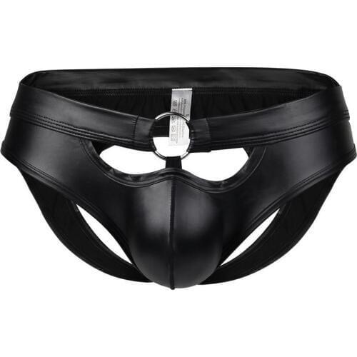 Faux Leather Mens Briefs Sexy Underwear Male PU Hollow Open Back Jockstrap Erotic Hoop Ring Male Underpants