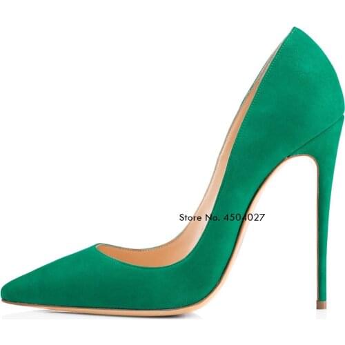 New Women Green Suede Leather Pointed Toe High Heels Fashion Stiletto Slip-on Party Dress Shoes Female