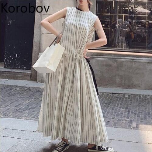 Korobov 2021 Spring New Women Dress Vintage O Neck Sleeveless Female Striped Dresses Office Lady A-Line Lace Up Bow Vestidos