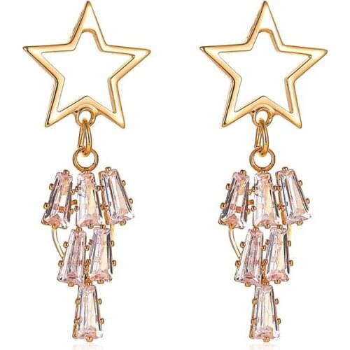 SELEXIA Hot Super Fairy Sweet Long Five-Pointed Star Earrings Net Red Temperament Star Tassel Crystal Zircon Earrings