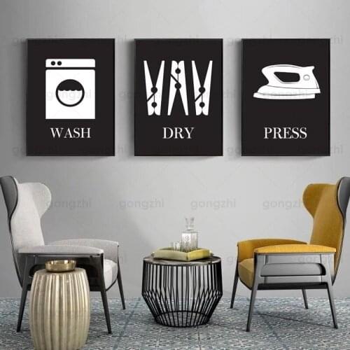 Modern Canvas Painting Minimalist Washing Machine Ironing Fight English Logo Home Hotel Laundry Shop Wall Decor Printing Poster