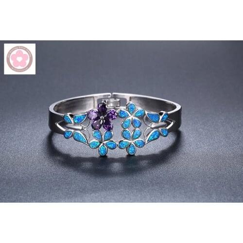 SZ0026 Flower Design Blue Opal and Purple Zircon Inlaid Bangles Fashion Bracelet For Women Jewelry Gift