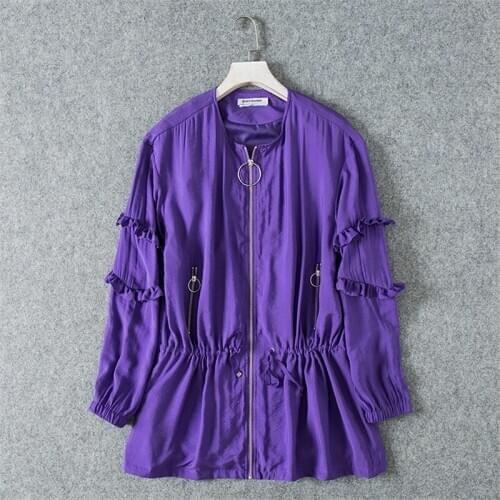 Trench Coat 2021 Spring Autumn Windbreaker Female Women Short Coats Layered Lotus Leaf Lace Up Drawstring Waist Purple