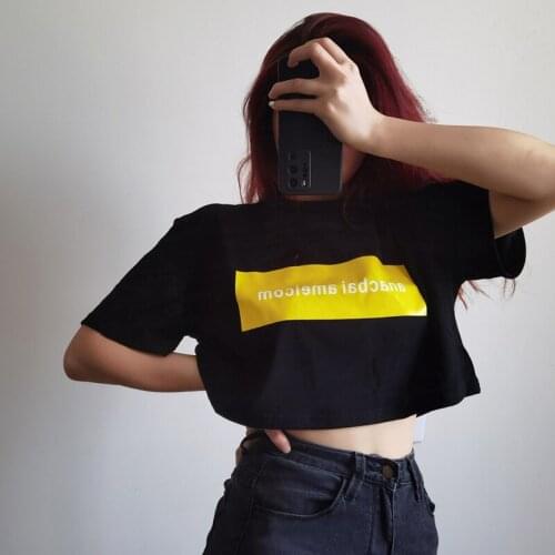 TVVOVVIN Women Letters Print Front Cropped T-shirt Loose Crop Tee Korean Short Sexy Tshirt Tops Sumemr 5LKM