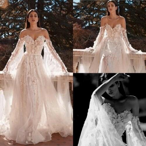 2021 Wedding Dresses Sweetheart Long Sleeves Lace Appliques Beach Bridal Gowns Lace-up Back Sweep Train A Line Robe De Soiree