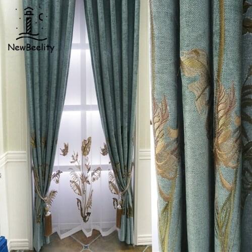 2021 Hot Sale Curtains for Living Dining Room Bedroom High-end Chenille Embroidered Shading Blue European Style Curtain Finished