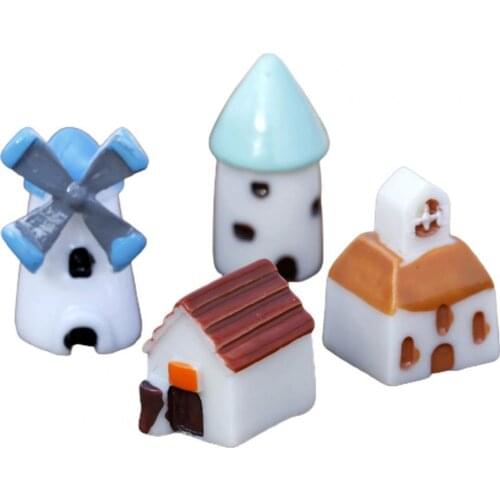4Pcs/Set Micro Landscape Ornament High Simulation Decorative Resin House Castle Lodge Windmill Bright Color Miniature Ornaments