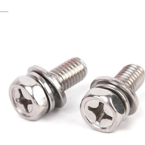 50/20pcs/lot M3 M4 M5 M6 M8 GB9074.13 Stainless steel phillips sems hex bolt with washer three combination screws