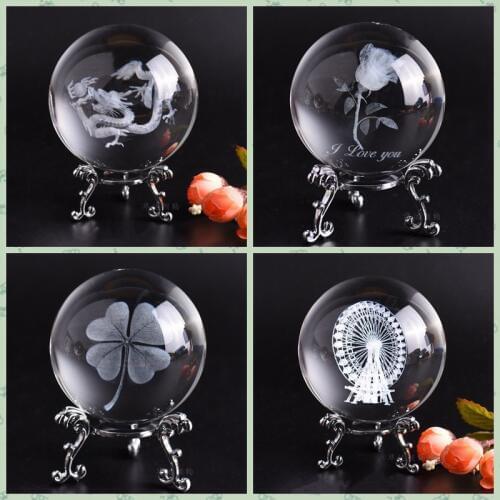 60cm/80cm 3D 8 Kinds of Laser Engraving Crystal Ball Ornaments Four-leaf Clover Star System Dragon Pattern Home Decoration Ball