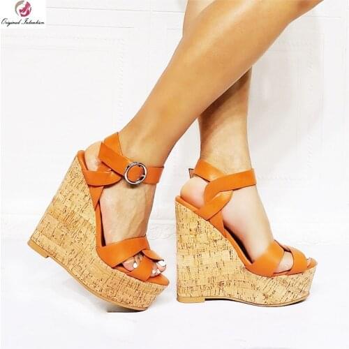 Sexy Wood Grain Bottom Platform Women Sandals Female Orange Peep Toe Wedge High Heels Lady Fashion Pu Leather Party Casual Shoes