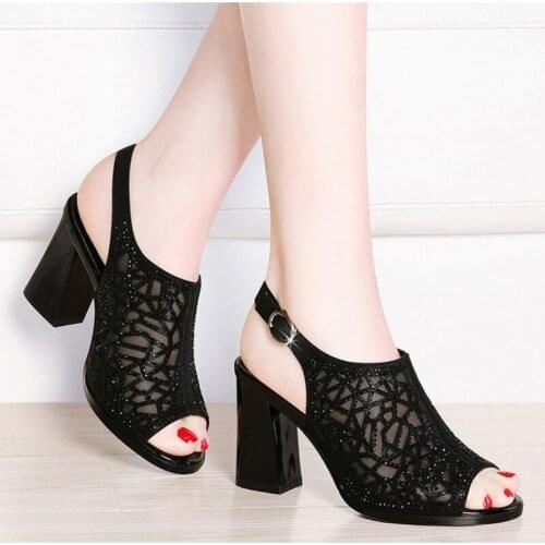 Women Elegant High Heel Party Shoes Ankle Strap Buckle Sandals Rhinestone Sexy Fish mouth thick heel high heel women sandals