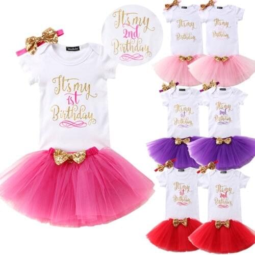 Sequins Baby Girl Kids First Second Birthday Romper Party Bow Dress Skirt Outfit