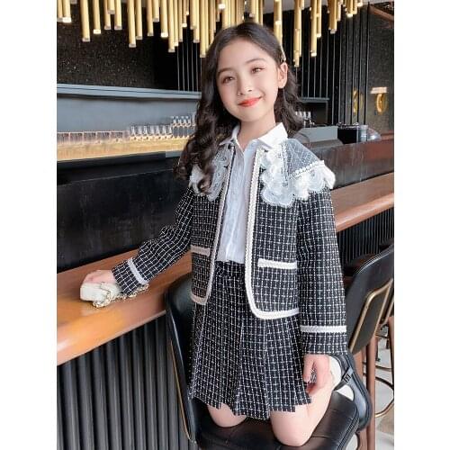 Teens Girls Clothing Set Woolen Lace Collar Plaid Coat Skirt 2021 Winter New Fashion Clothes for 3 4 5 6 7 8 9 10 11 12 Years