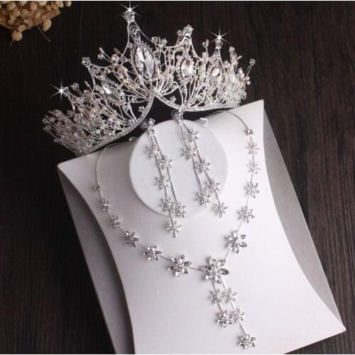 Baroque Silver Plated Crystal Crown Tiaras Leaf Bridal Jewelry Sets Rhinestone Choker Necklace Earring African Beads Jewelry Set