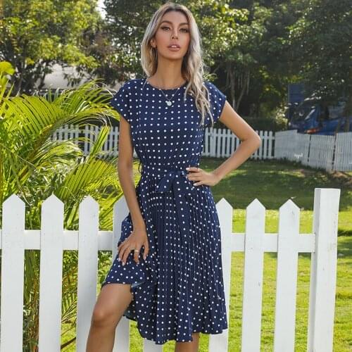 Summer Polk Dots Short Sleeve Pleated Dresses For Women Midi Vintage Elegant Office Dress 2021 Green Dinner Party Dress Clothes