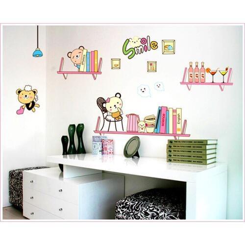 Cartoon Bear Book Shelves Wall Decal for Kids Room Nursery Home Decor Wall Poster Removable PVC Wall Sticker Wallpaper Decor