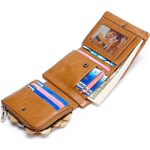 Male Short Zipper Style Top Upper Grain Real Genuine Leather Multi-Function Card Holder Wallet