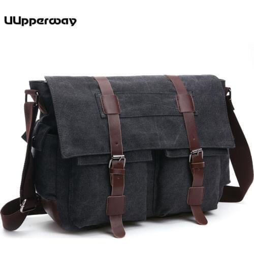 NEW 15.6" Laptop Bag Mens Canvas Messenger Bag Business Work Shoulder Bags Vintage Buckle Leather School Bag for Teenage Boy