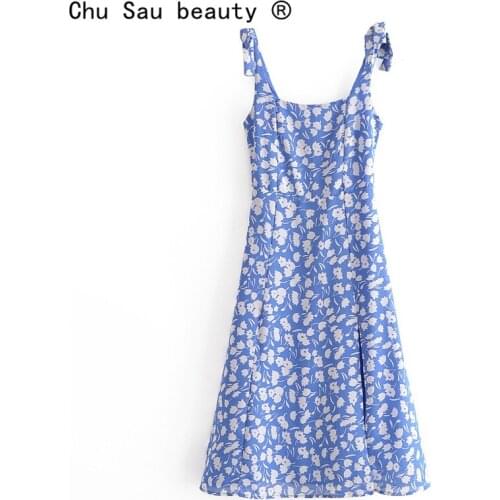 New Fashion Summer French Style Floral Printed Sling Midi Dress Women Party Square Collar Elastic Back Sexy Split Dresses Female