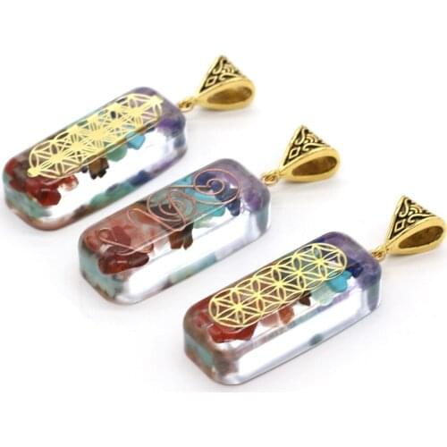 Natural Stone Pendant Rectangle Resin Gravel Chakra Reiki Healing Crystal Stone Charms for Making Jewelry Necklace Bracelet