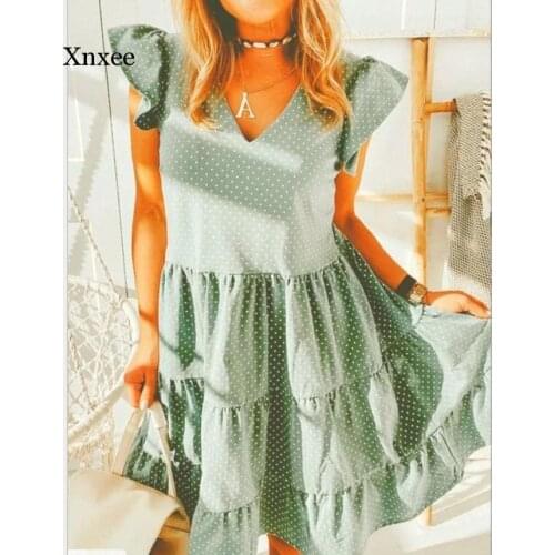 Sundress Casual Ruffles Sleeves V-neck Dot Boho Party Vestidos Elegant Mini Dresses Women Summer Vestidos green dot butterfly