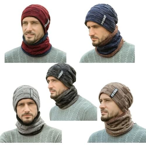 2Pcs Unisex Winter Beanie Hat Scarf Set Thick Plush Lined Plaid Knit Skull Cap 649C