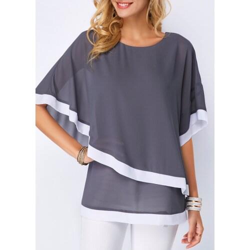 Chiffon Patchwork Irregular Blouse Shirts Casual Sexy Batwing O Neck Women Summer Blouses Tops Shirt New