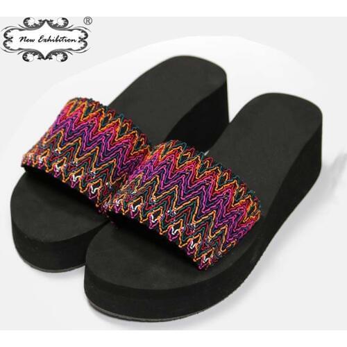 New Exhibition Summer Woman Shoes Beach Flip Flops High Heel Slippers Platform bath slippers Wedge Black Brand Ladies Shoes35-40
