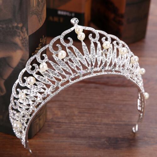 Silver Color Rhinestone Pearl Bride Tiara Crown Hair Jewelry Queen Crown For Wedding Exquisite Hair Accessories