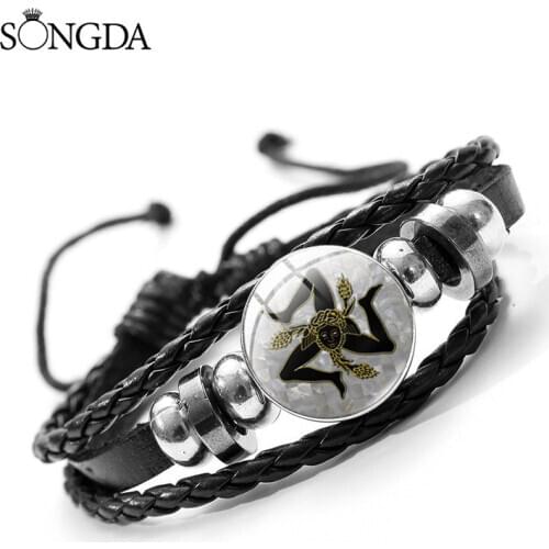 Vintage Sicilian Trinacria Leather Bracelets Glass Art Snap Button Charm Handmade Multi-layer Bangles for Women Men Jewelry Gift